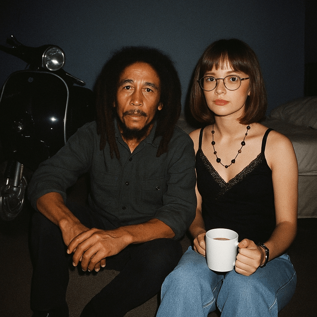 grunge style analog photo with camera flash: me with bob marley (circa 1999) in