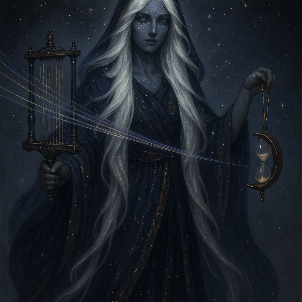 Nyxantheia is a tall, ethereal figure with flowing silver hair that glows like s
