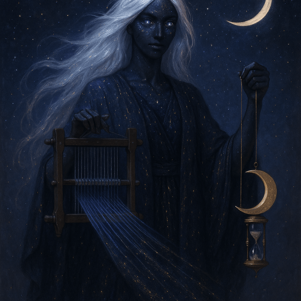 Nyxantheia is a tall, ethereal figure with flowing silver hair that glows like s
