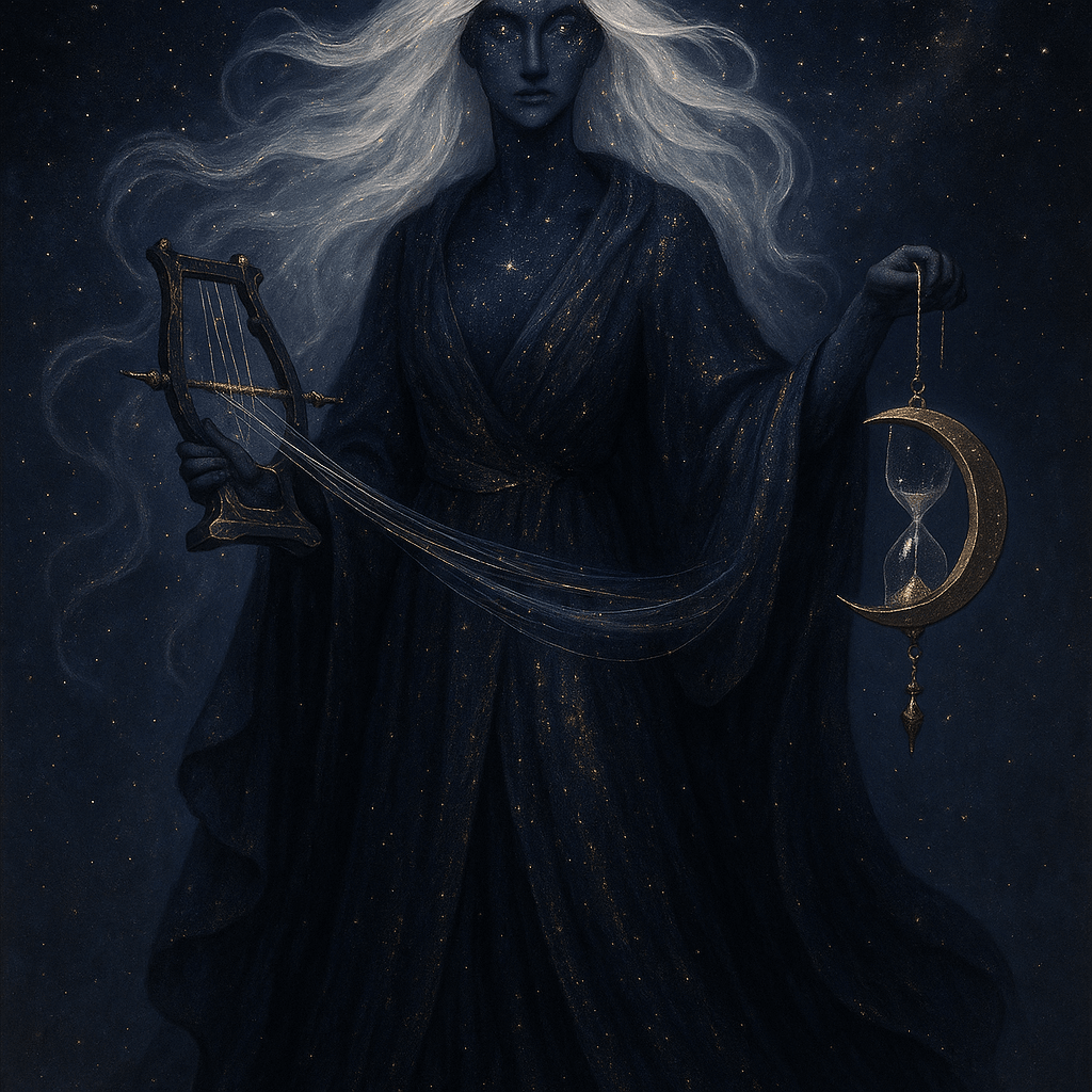 Nyxantheia is a tall, ethereal figure with flowing silver hair that glows like s