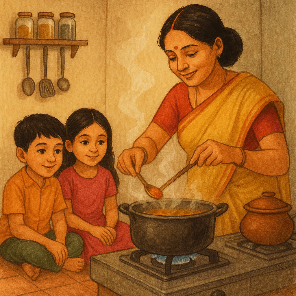 ”মা রান্না ঘরে রান্না করছে ছেলে এবং মেয়ে পাশে বসে আছে তার রান্না করা তারা দুজন দ