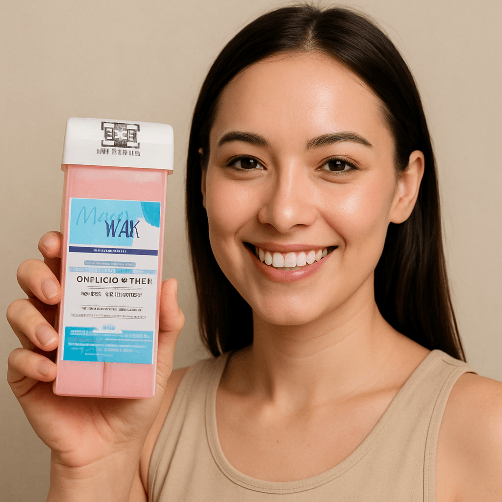 A photo of woman holding this product, she smile toward the camera, wearing slee