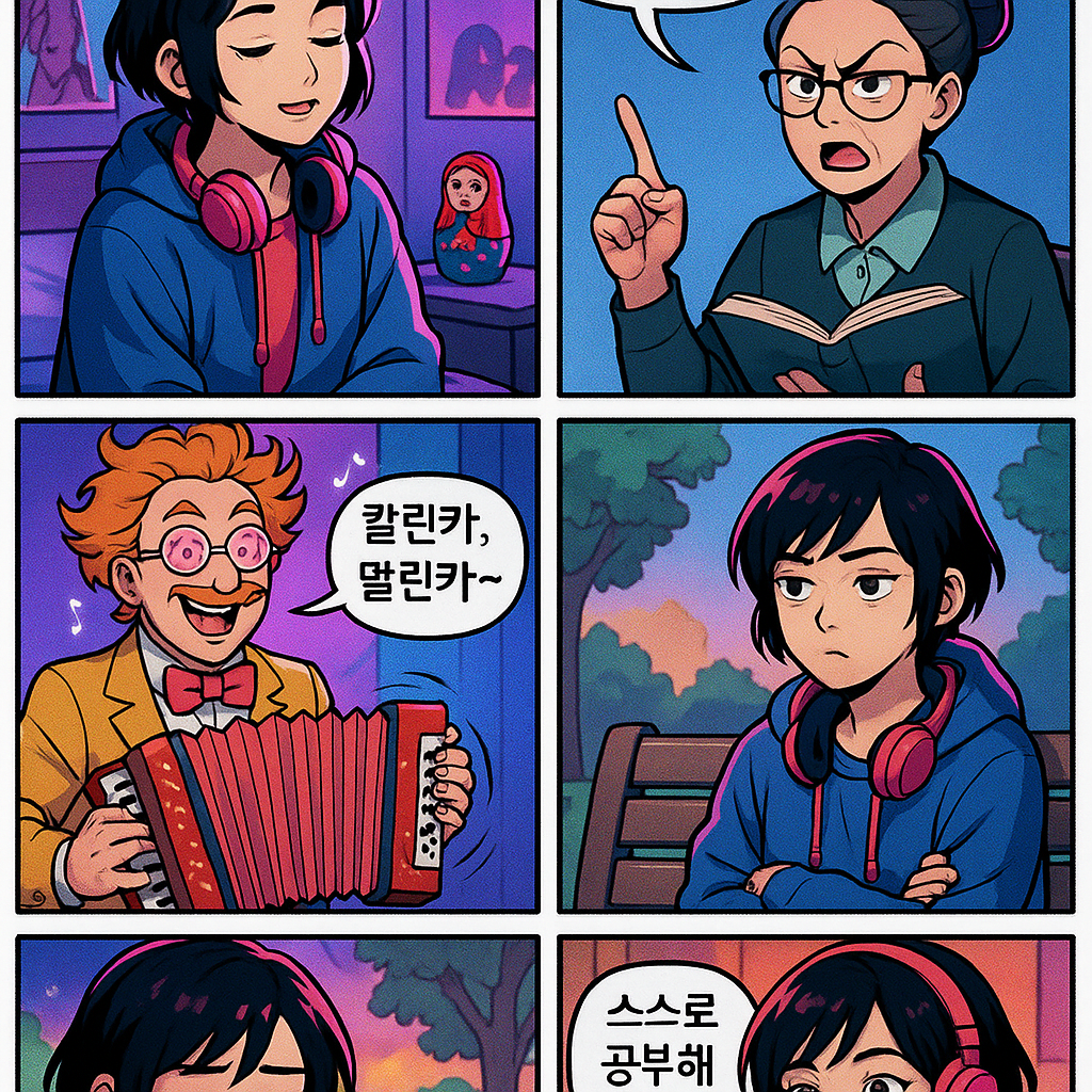 Создай комикс "러시아어를 배우구 싶어요" о молодой кореянке Мин-су (20–25 лет, стильный, с