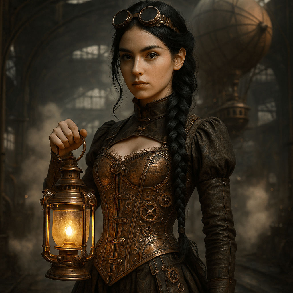 "Steampunk-inspired girl with long black hair tied in a leather-bound braid, wea