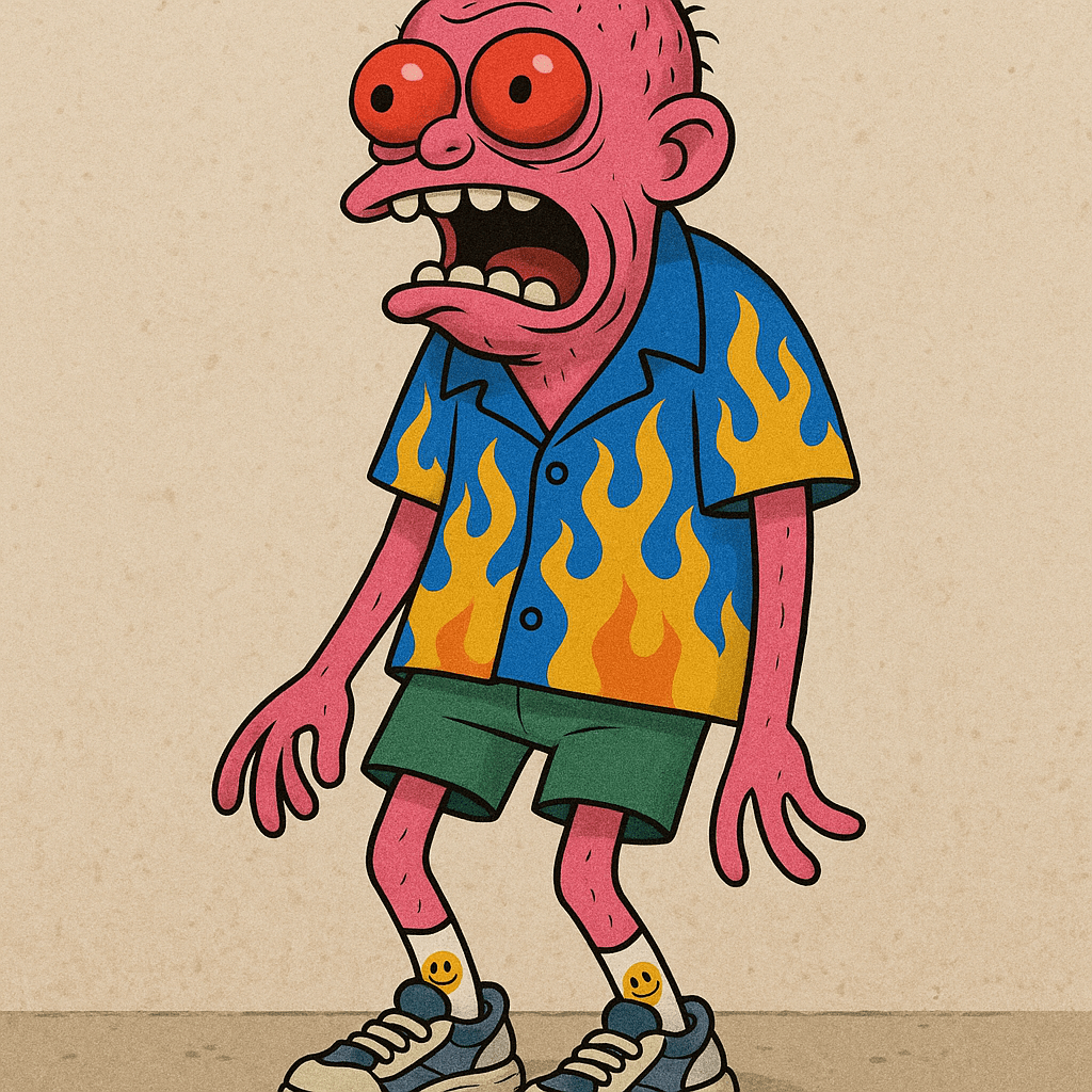 Skin: Bright pink, rubbery-looking body.
Face: Large, red bulging eyes and a