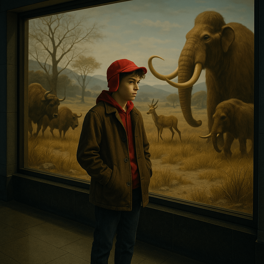 A teenage boy standing alone in front of the glass display at the Museum of Natu