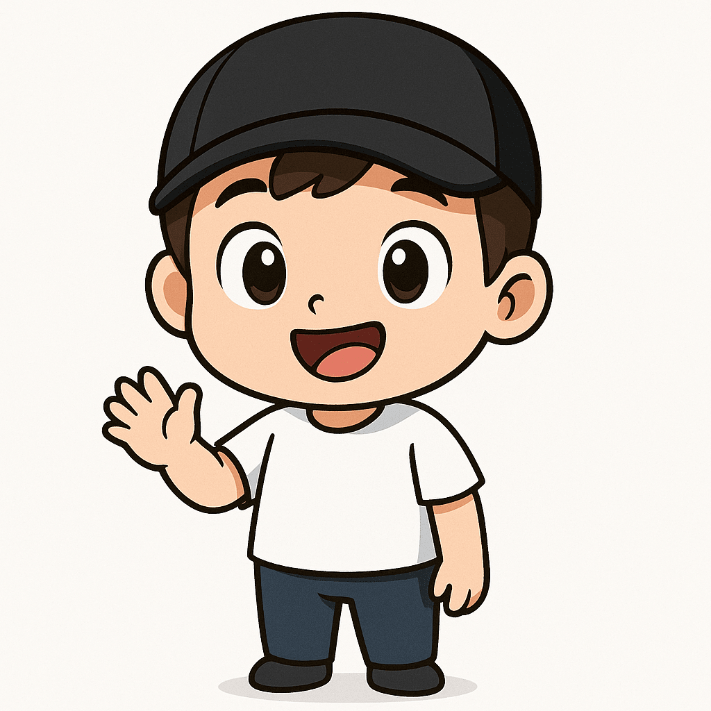 Seorang karakter cowok lucu gaya chibi, wajah bulat, mata besar ekspresif, menge