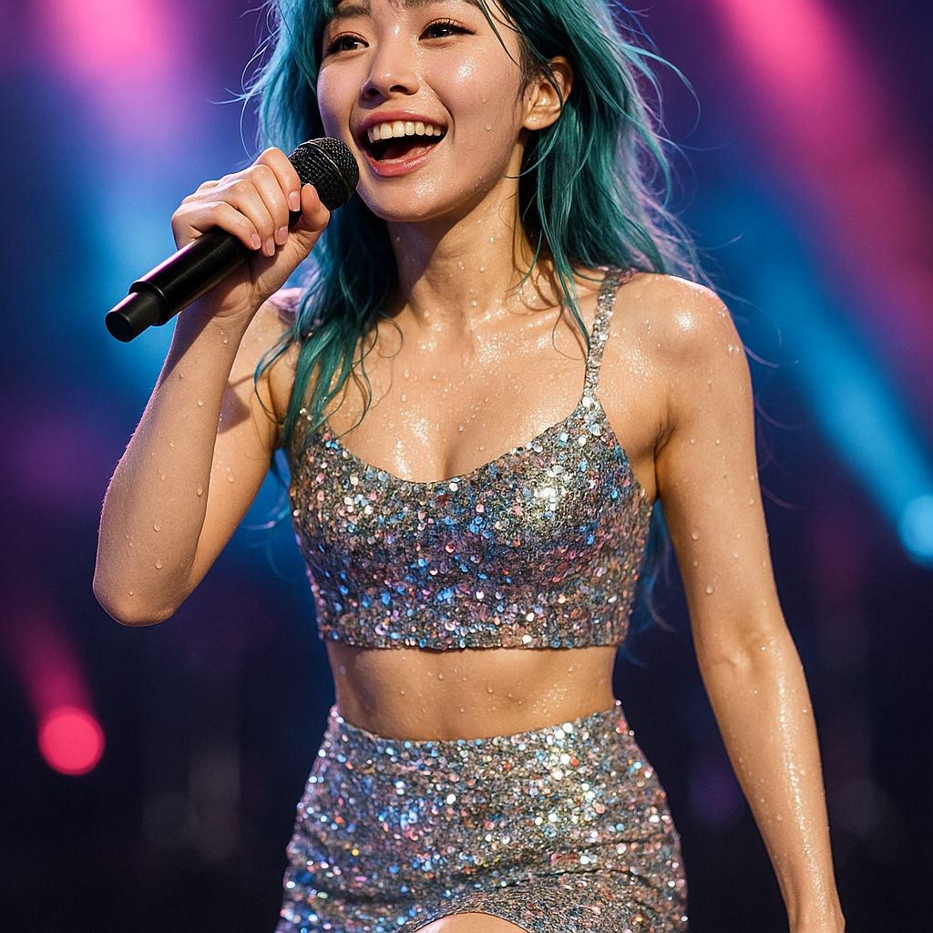 4k, Photo , anime woman, sweating, A sparkly sequin crop top, matching mini skir