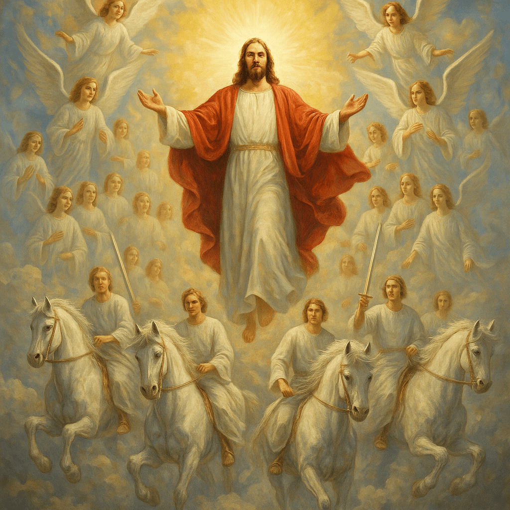 JESUS CHRIST COMING BACK IN THE CLOUDS ROUNDED BY THE ANGELS AND HORSES WITH MUC