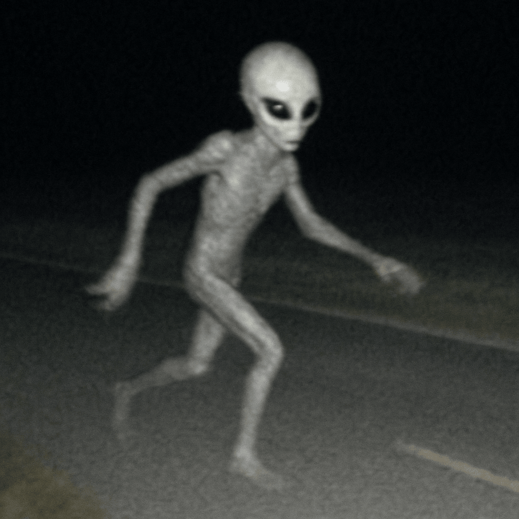 a flash photo of a very real alien taken on a low quality flip phone from about