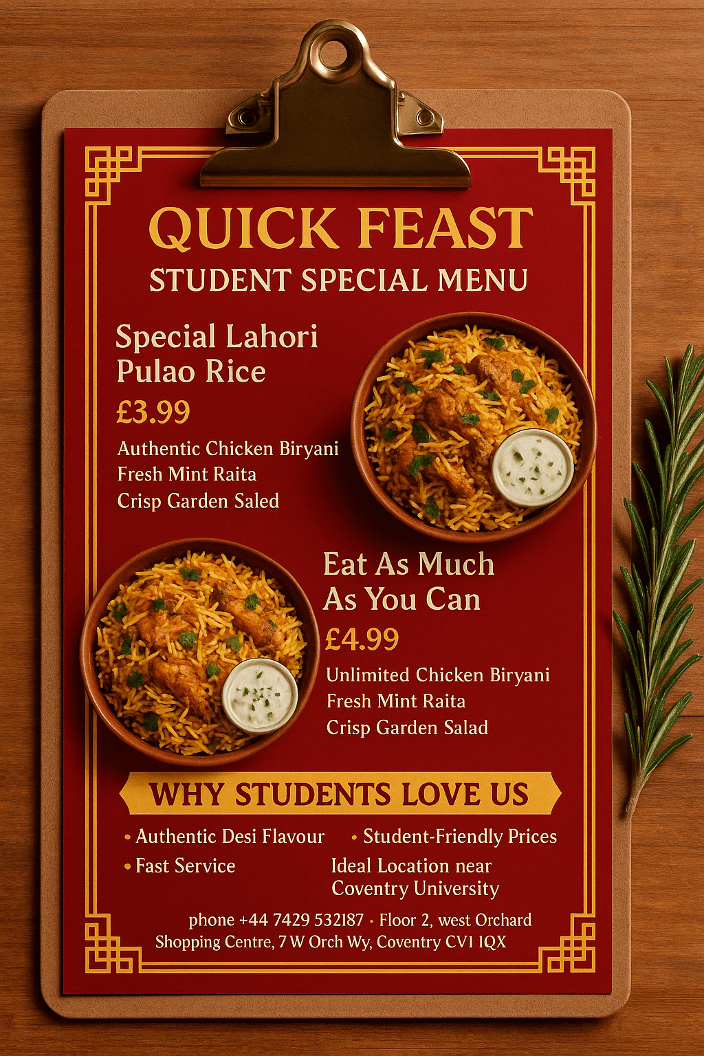 A promotional poster for 'Quick Feast' Restaurant's Student Special Menu, placed