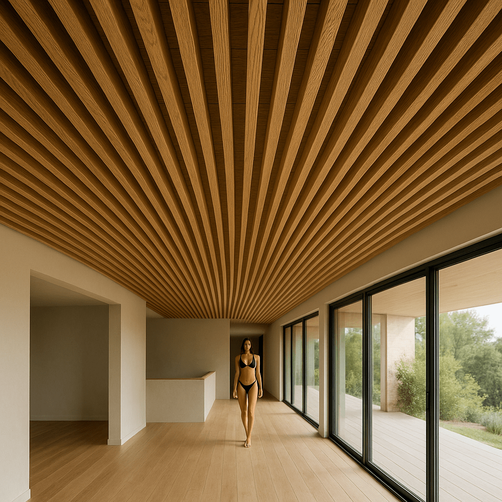 Linear Rib Elements in oak. In The ceiling indoors in a big house , Whit a woman