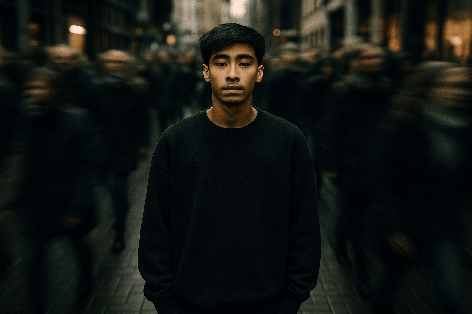 cinematic overhead shot of me standing still on a brick city sidewalk, wearing a