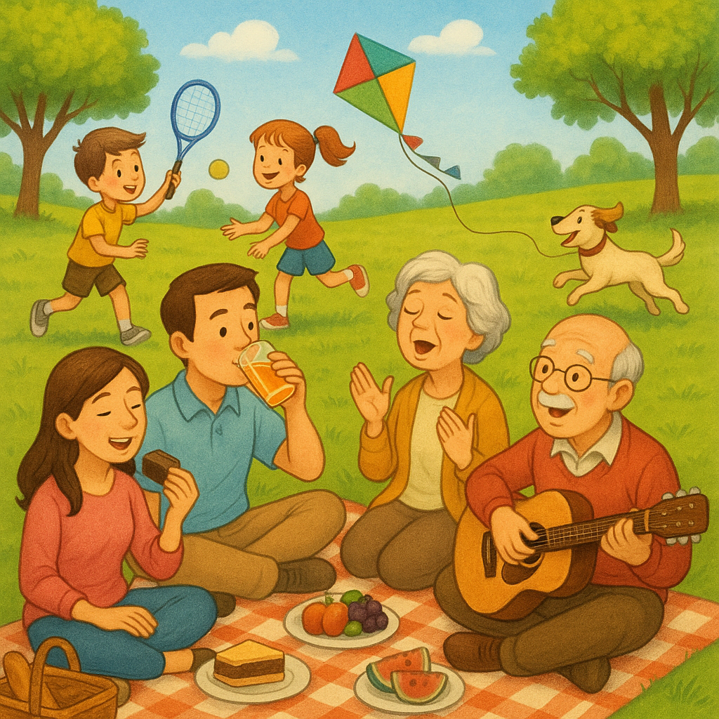 I want a picture of a family having a picnic in the park, father is drinking ora