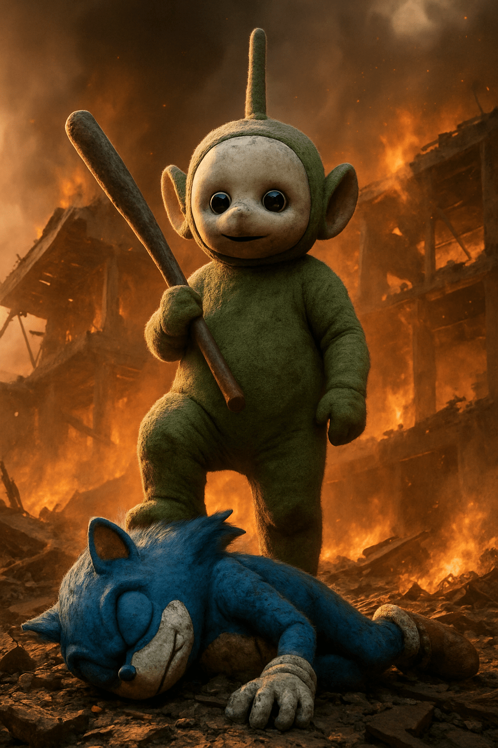 A tung tung tung sahur is stands atop of the lifeless blue sonic in a destroyed