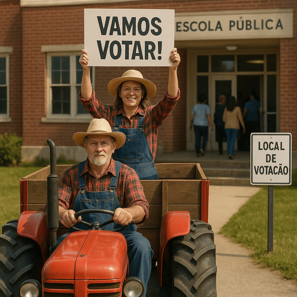 Um casal de agricultores de meia-idade visto de frente, chegando de trator verme