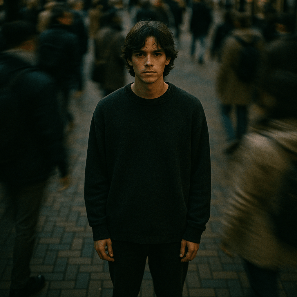 @.:Cinematic overhead shot of me
standing stil on a brick city sidesalk, wearin