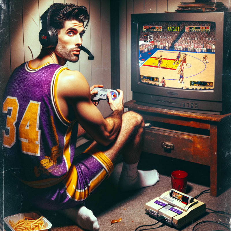 Grungy analog photo of Kobe Bryant in 1995 playing NBA 2K25 on Super Nintendo on
