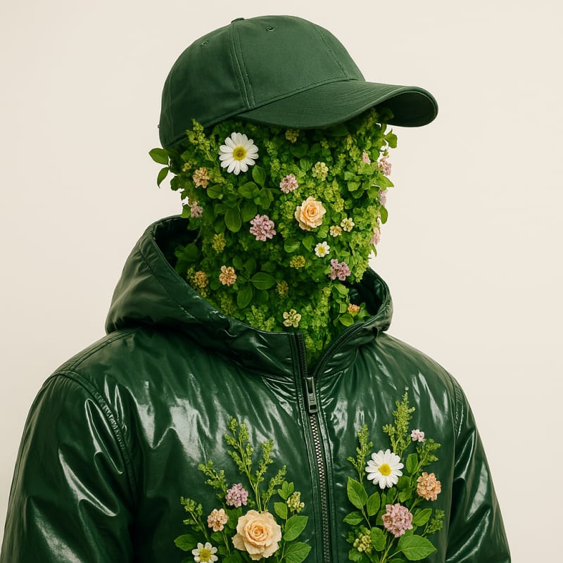 A human figure made entirely of greenery and blooming flowers wearing a glossy j