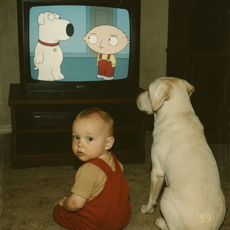Grungy, unedited analog photo of Brian and Stewie Griffin in 1999 watching Famil