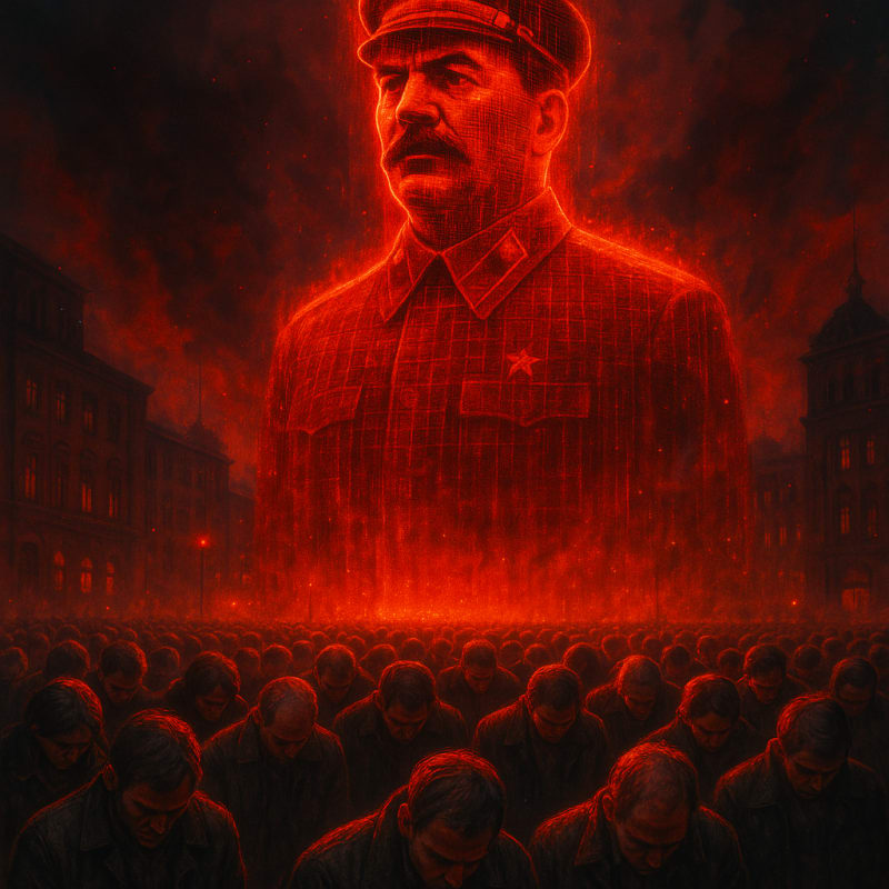 Crowded square with a towering hologram of a dictator figure, crowd lowering the