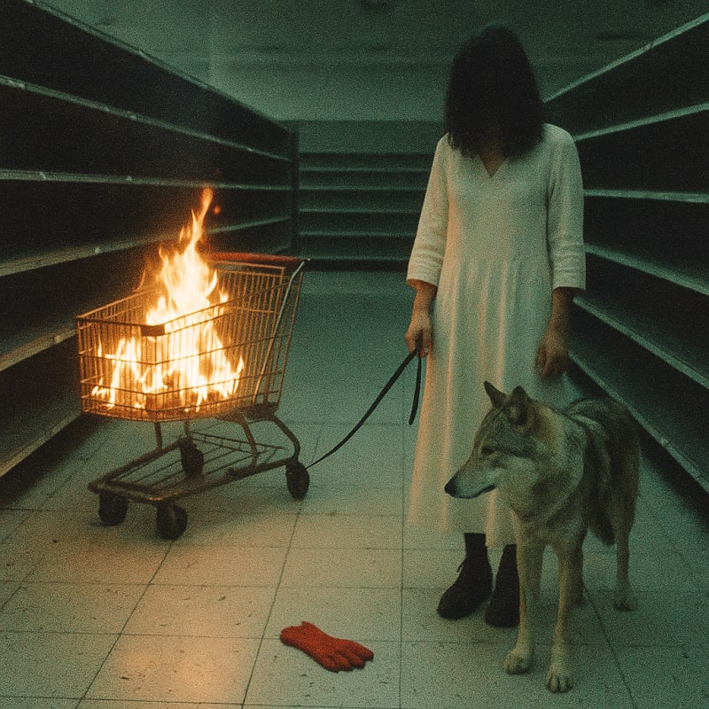 An empty supermarket aisle, shelves bare, a woman in white holding a leash, a wo