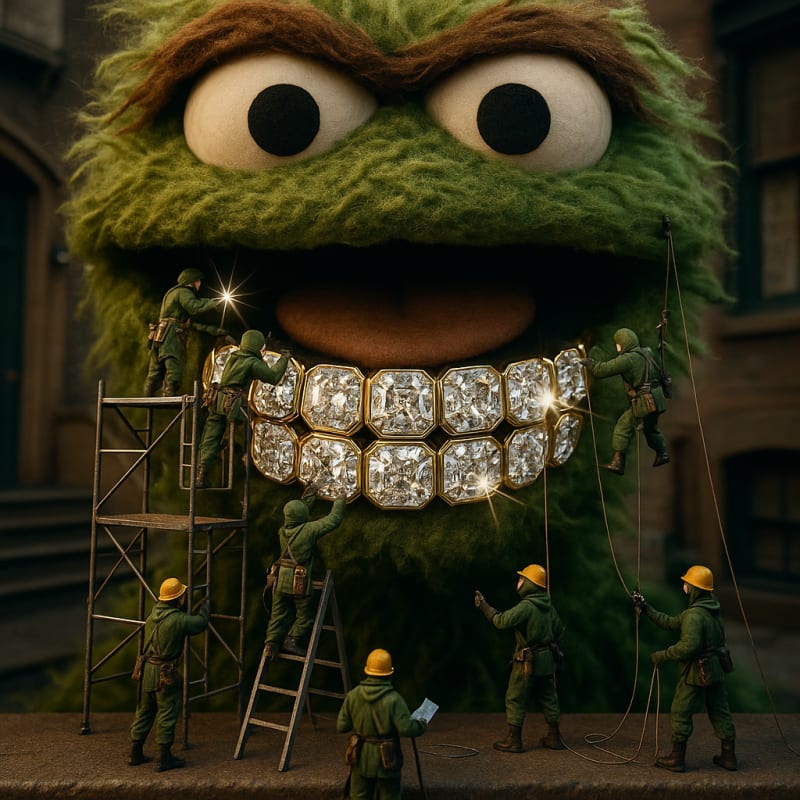 A surreal first person pov shot of a smiling mouth with sparkling diamond grillz
