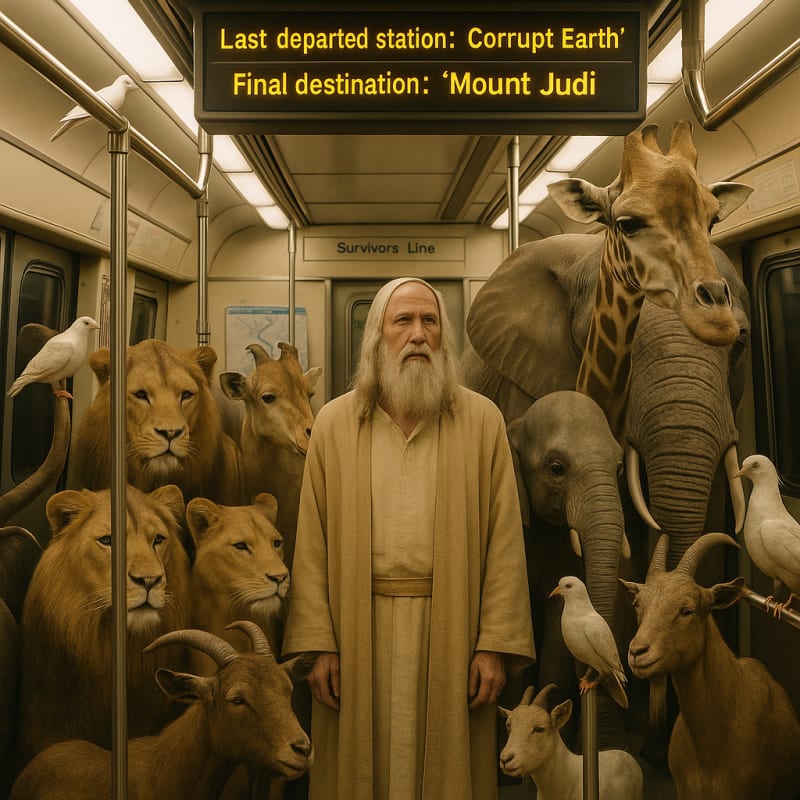 Hyper-realistic photo. Inside a crowded subway car during rush hour, Prophet Noa