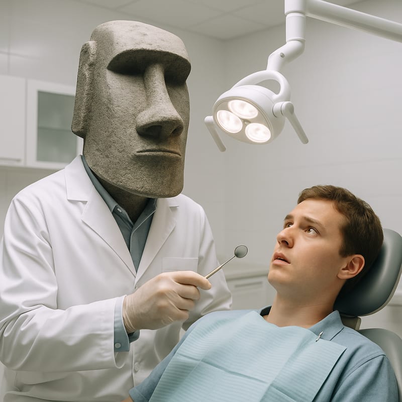 A hyper-realistic photo. Inside a clean, modern dental clinic, a patient lies ne