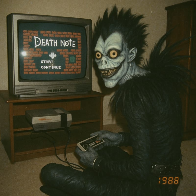 Grungy analog photo of Ryuk, in 1988 playing a fictional NES game called “Death