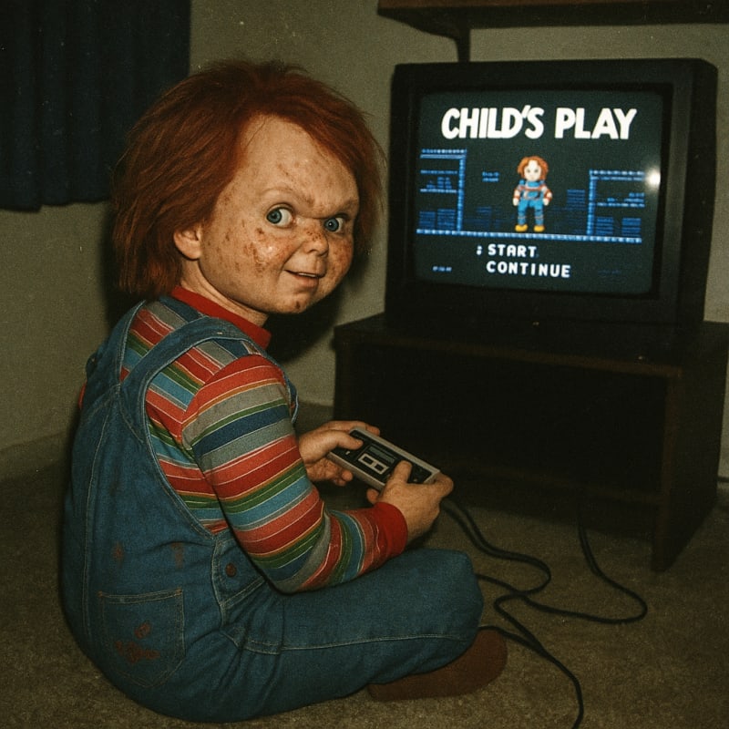 Grungy analog photo of Chucky, in 1988 playing a fictional NES game called “Chil