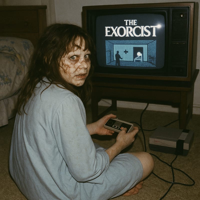 Grungy analog photo of possessed Regan, in 1988 playing a fictional NES game cal