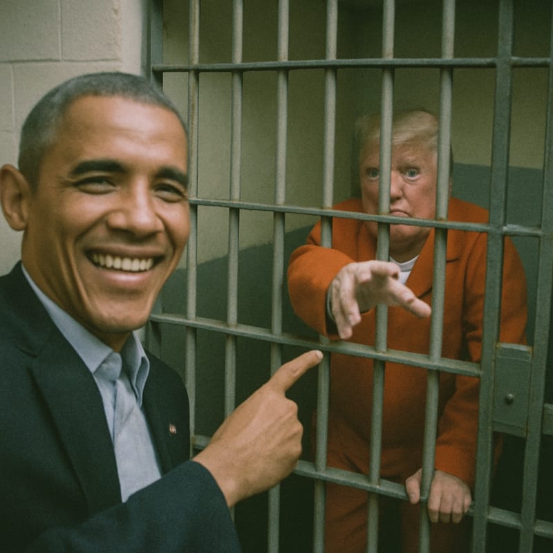 A photorealistic photo of Obama smiling and pointing back at a prison cell. In t