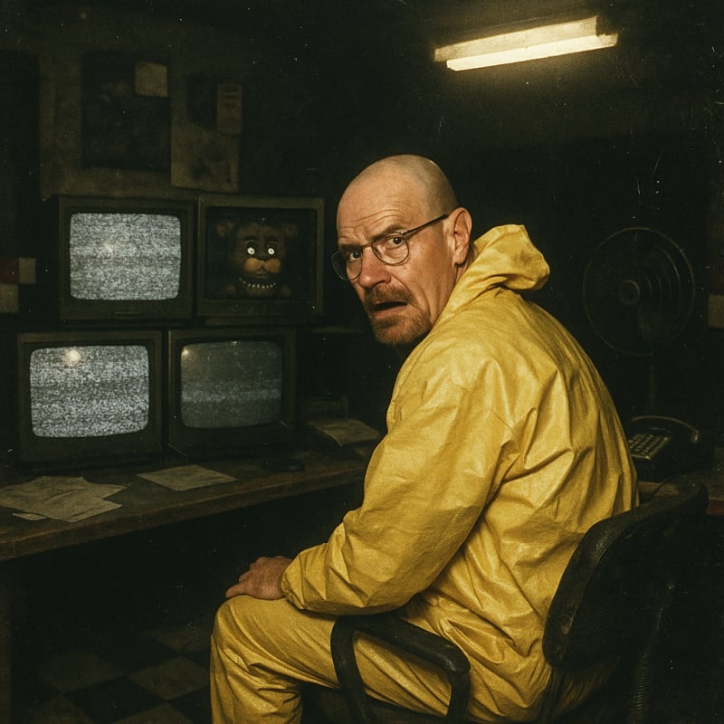Grungy analog photo of Walter White from Breaking Bad sitting nervously in the s