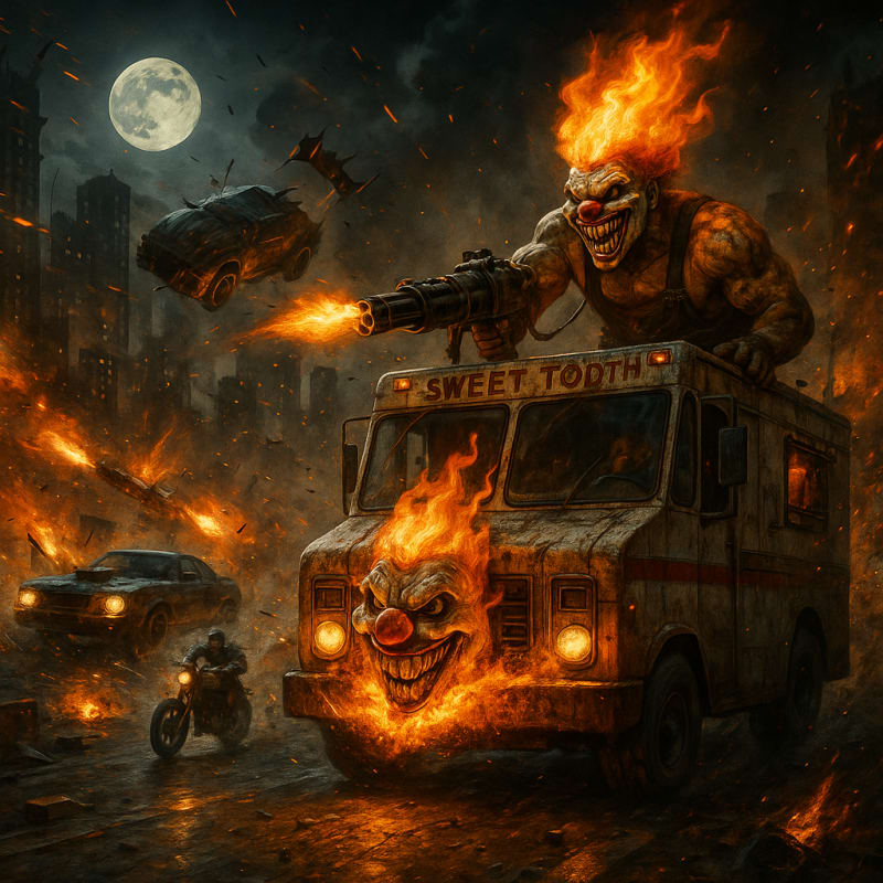 A dark, gritty, post-apocalyptic action scene inspired by Twisted Metal. The foc