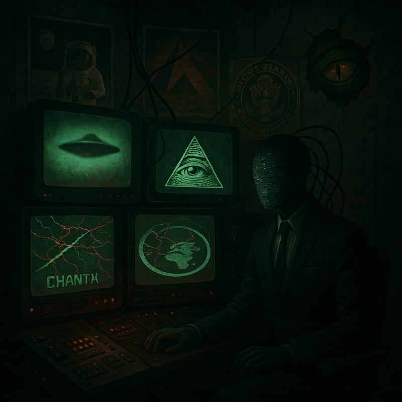 A dark, mysterious control room filled with glowing monitors and eerie lighting.