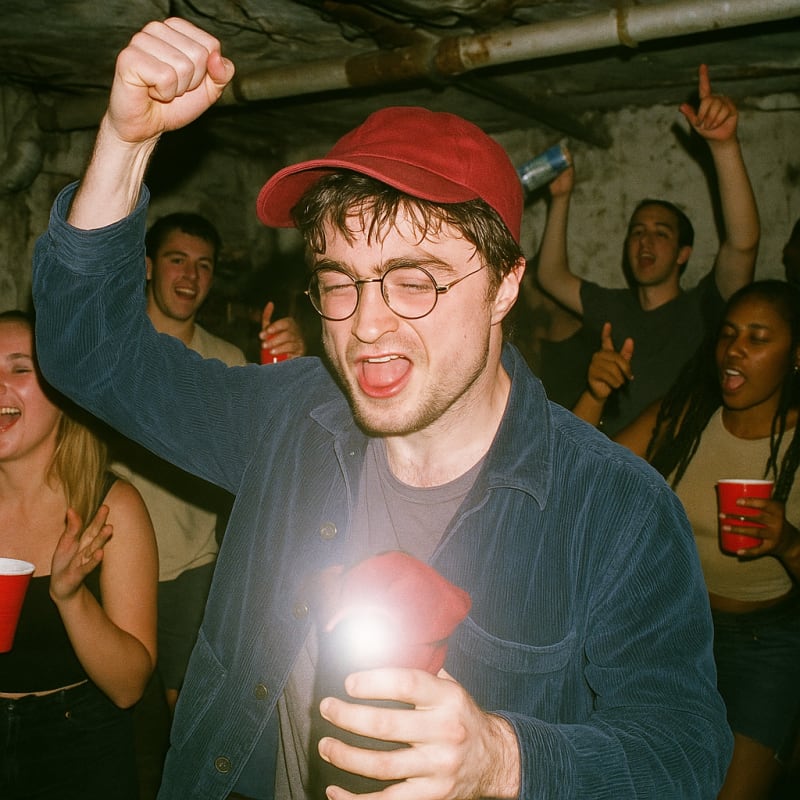 A candid paparazzi-style photo of a photorealistic Harry Potter wearing a red ha