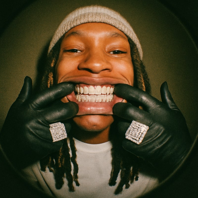 King Von, he is smiling at the camera with diamond grillz. Fish eye lens, film g