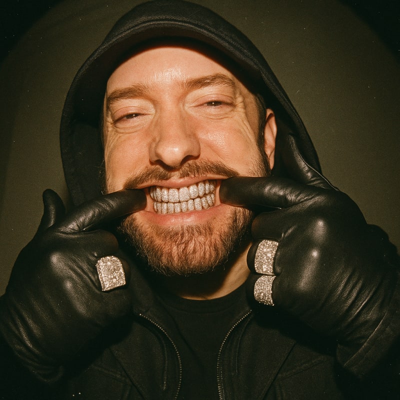 Eminem. he is smiling at the camera with diamond grillz. Fish eye lens, film gra