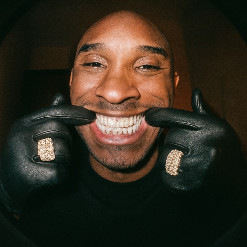 Kobe Bryant. he is smiling at the camera with diamond grillz. Fish eye lens, fil