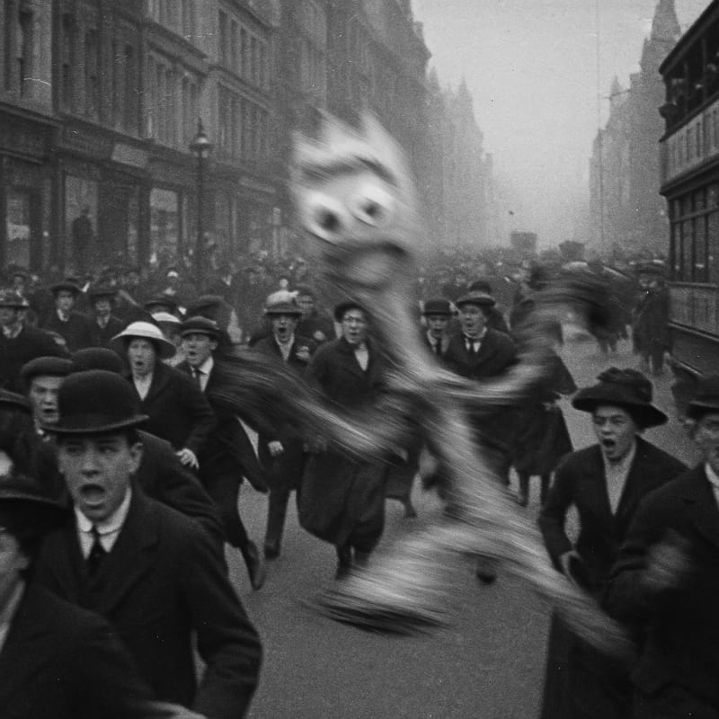 1914 black and white still of a crowded street in London on a busy day in 1910s,