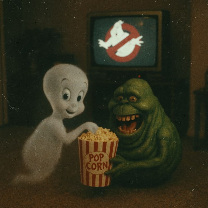 Grungy, unedited analog photo of Casper and Slimer (from ghostbusters) in front