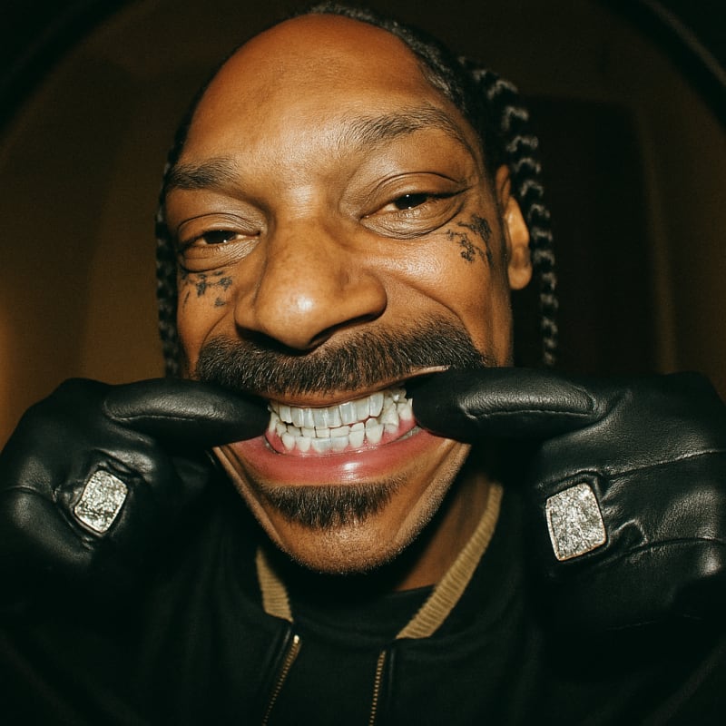 Snoop Dogg. He has face tattoos and a creepy 70s cop mustache. He is smiling at