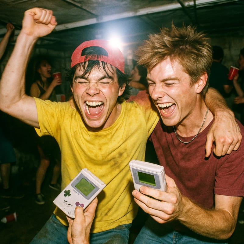 A candid paparazzi-style photo of a photorealistic of Ash and Gary at a college