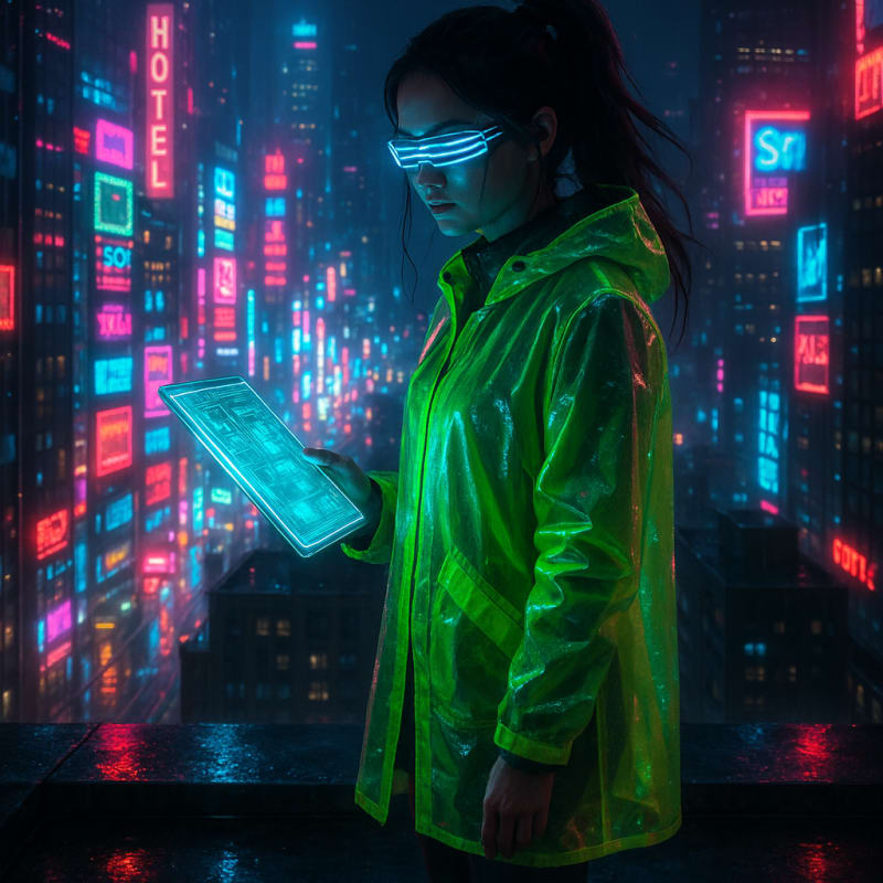 On the roof of a skyscraper in a night metropolis, a girl in a neon raincoat and