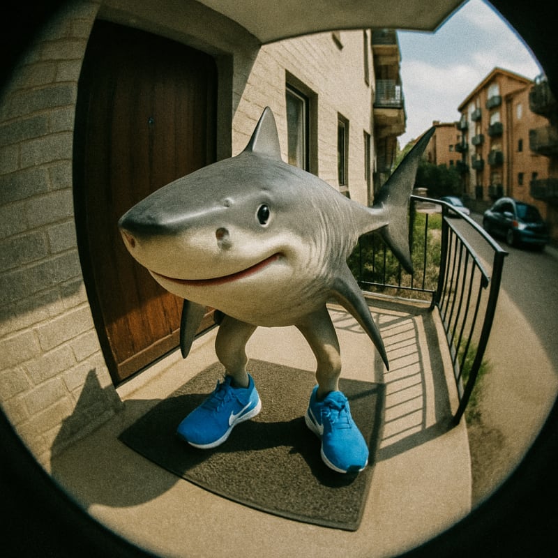 Overhead surveillance camera view, fisheye lens. This image of Tralalero Tralala