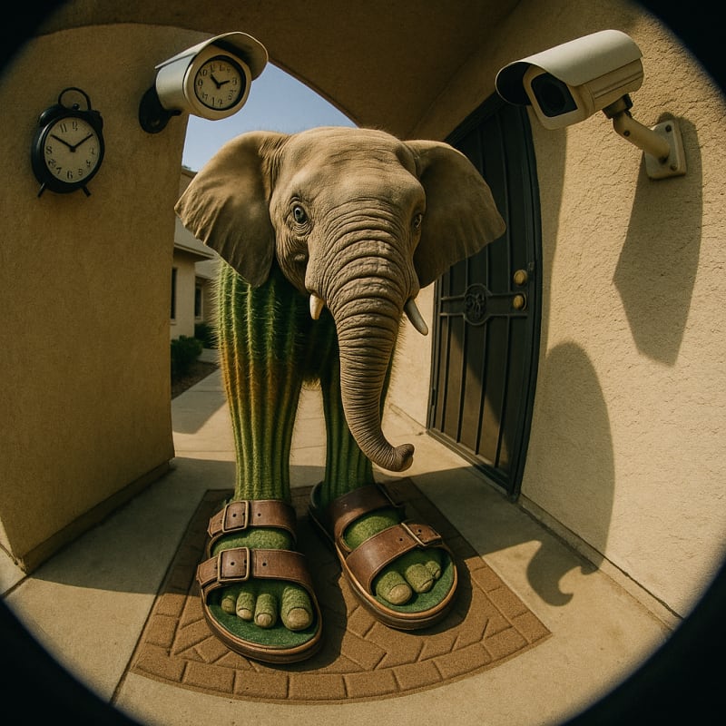 Overhead surveillance camera view, fisheye lens. This image of Lirili Larila sta