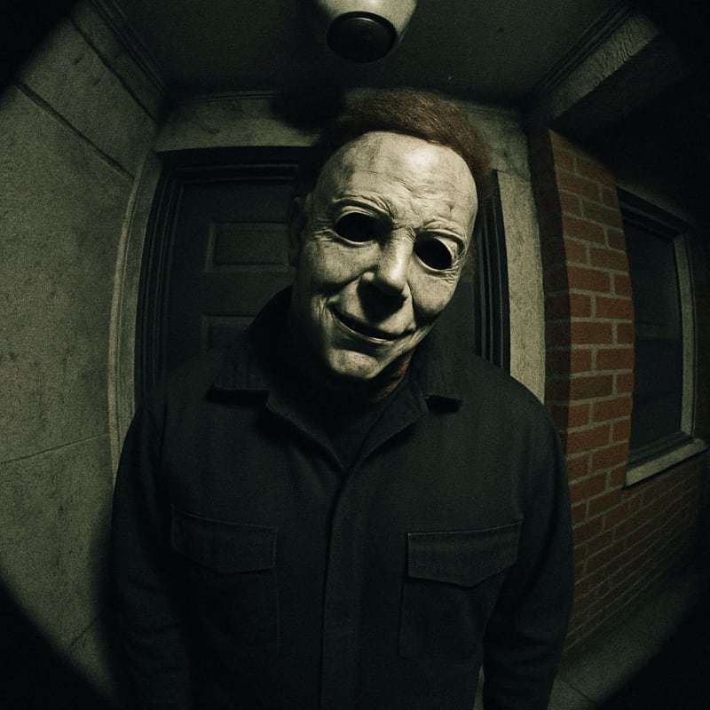 Overhead surveillance camera view, fisheye lens. This image of Michael Myers sta