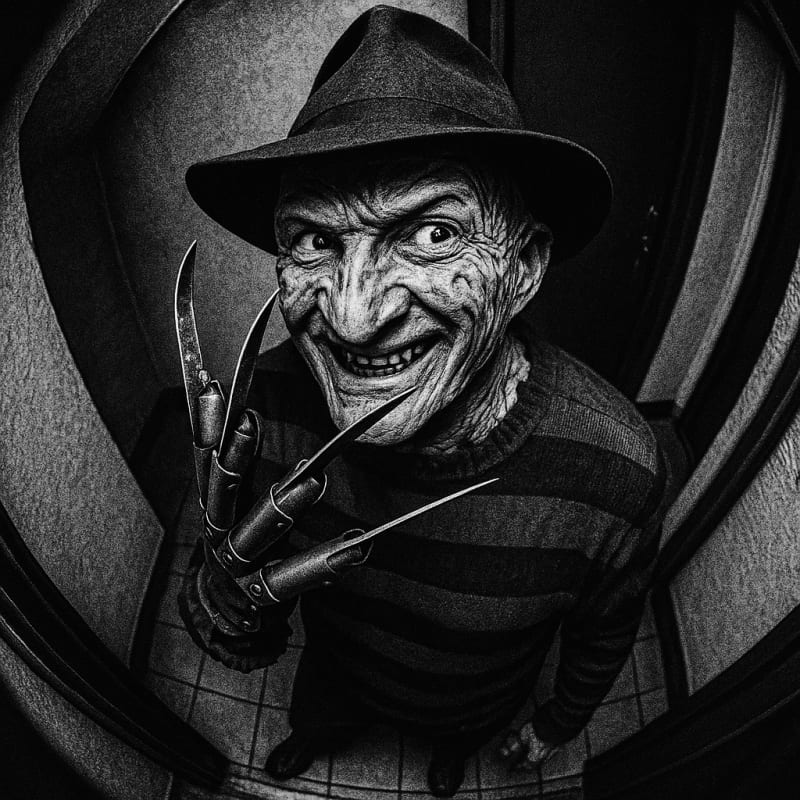 Overhead surveillance camera view, fisheye lens. This image of Freddy Krueger st