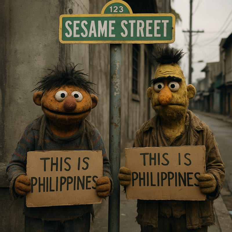 create an image of disheveled and homeless Bert and Ernie standing on a street c